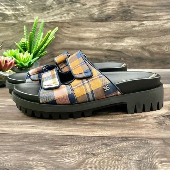 NIB Sam Edelman Eliana Two Strap Lug Sole Slide Sandal Mustard Plaid